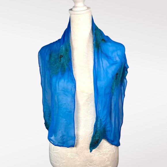 Blue Sheer Silky Scarf Beaded Felted Accents Artistic Lightweight Shawl - Picture 2 of 8